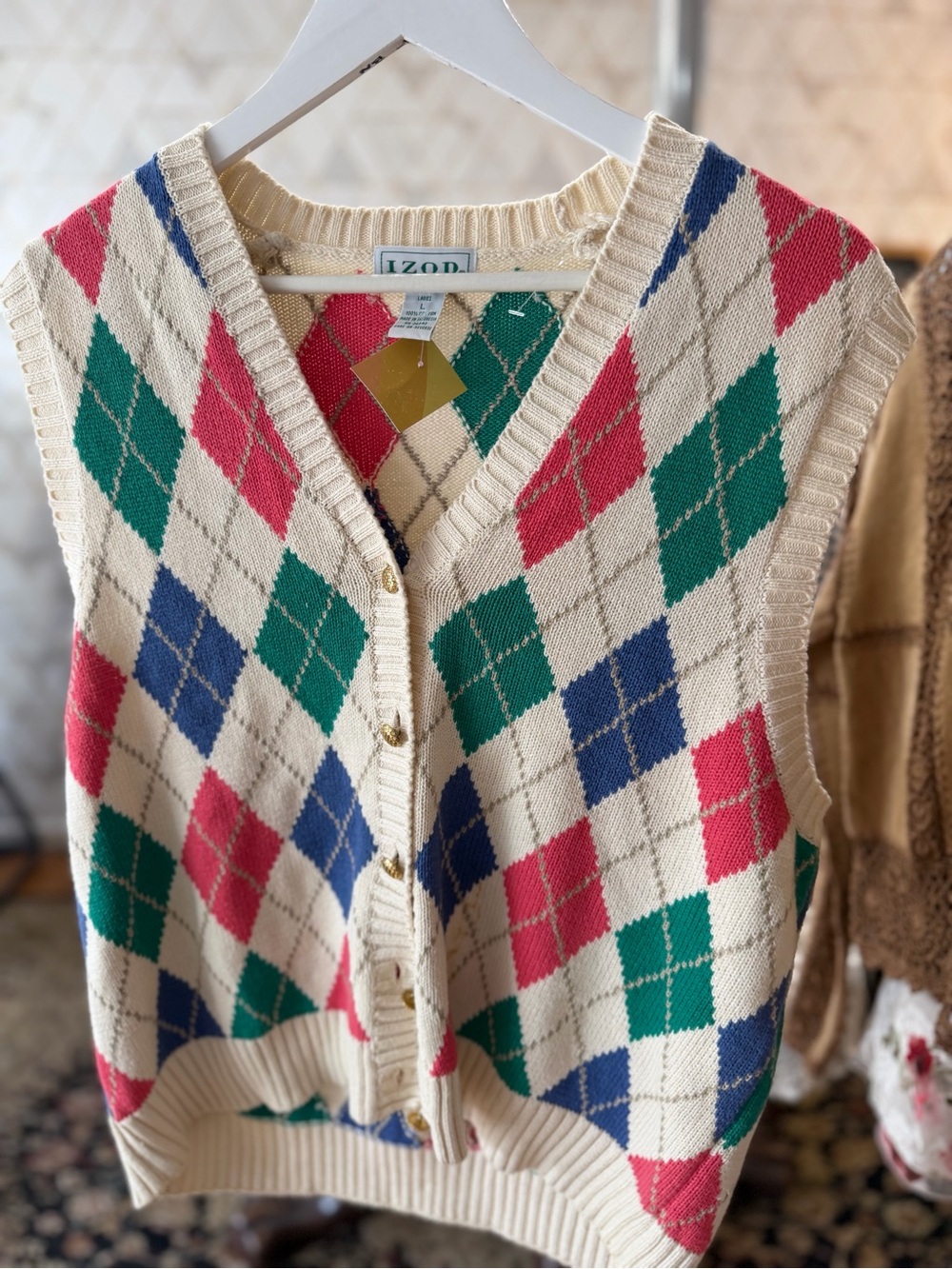 IZOD Cream Argyle Button-Front Sweater Vest with Pink, Green & Blue Diamonds